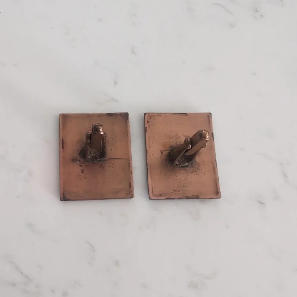 Vintage Mid Century Copper Enamel Cufflinks Abstract Modernist Signed RC